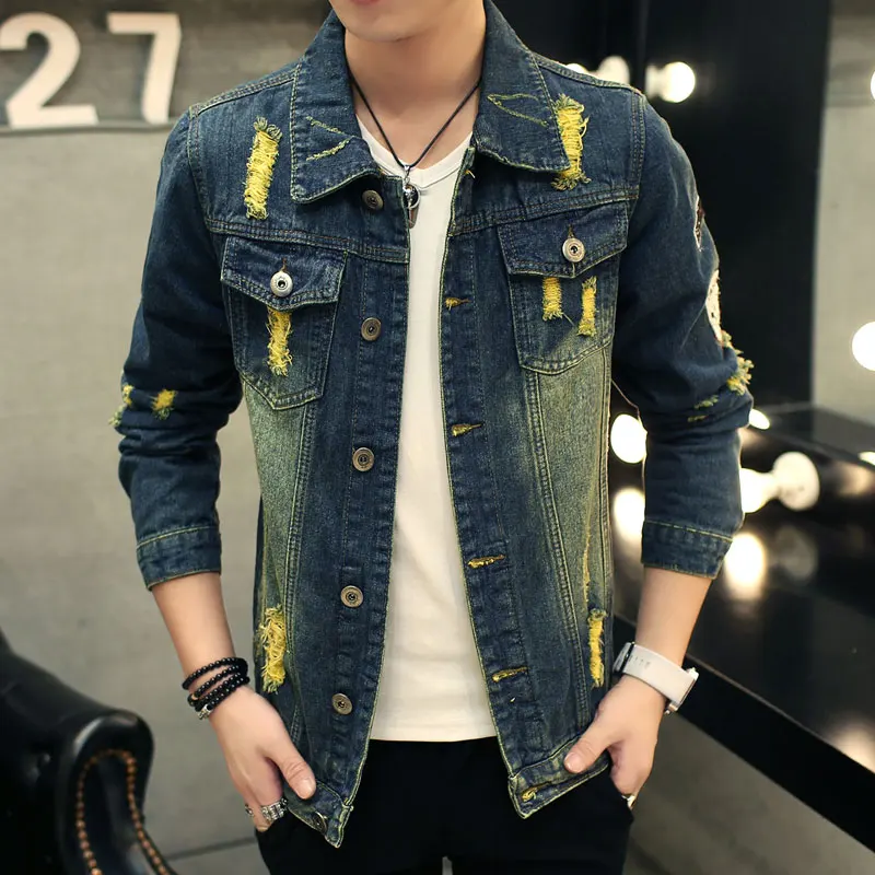 Tiger knife 2017 hombres chaqueta de mezclilla nueva moda otoño elásticos flacos delgados abrigos vintage agujero patchwork algodón hombres prendas de vestir exteriores|mens denim jacket|fashion jacketjacket - AliExpress