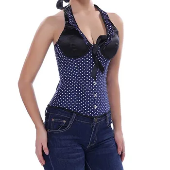 

Blue / White Polka Dot Halter Push Up Corsets And Bustiers Sexy Gothic Clothing Women Corset Bustier Tops Espartilho E Corselets