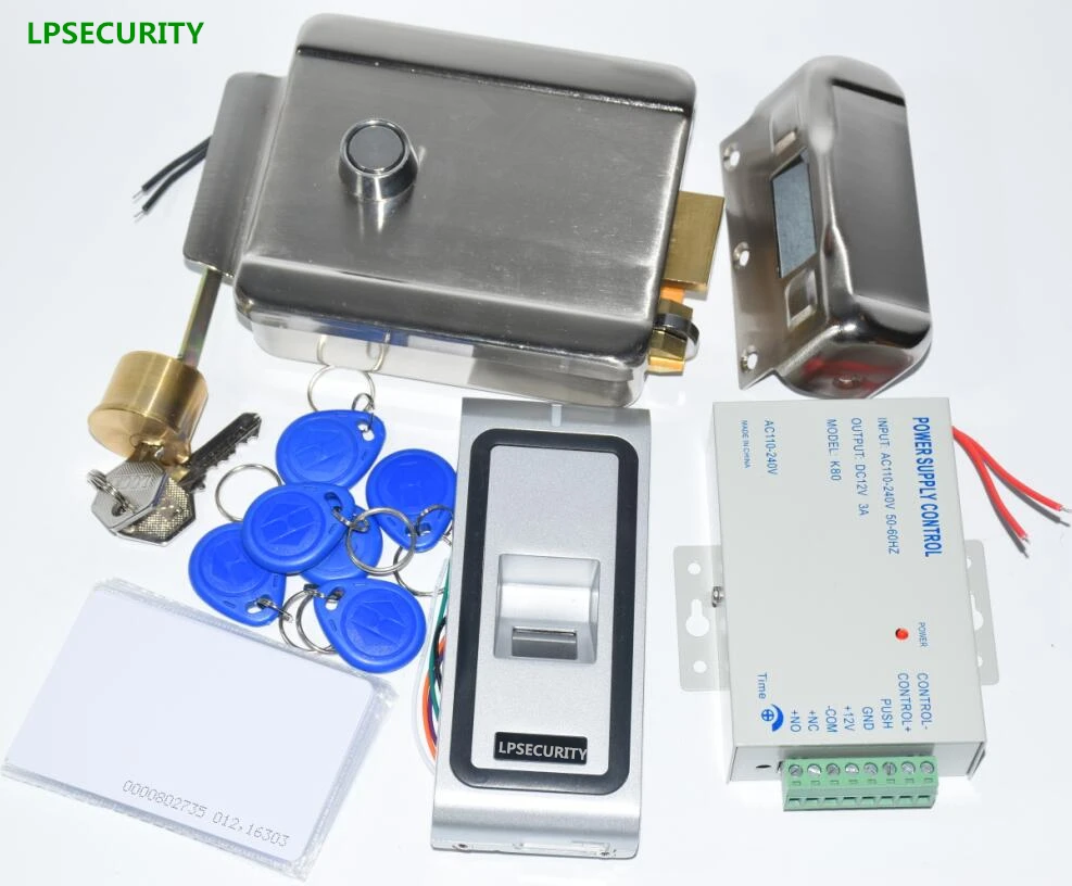 

LPESECURITY Metal Case Fingerprint Door Gate lock Access Control Kit +Electric Lock+Power Supply with 10 tags/10cards 125KHZ
