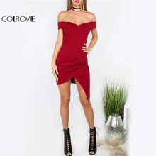 Colrovie Красный Bodycon Ruched Вечерние Платье 2017 Для женщин Милая с плеча Сексуальная Летнее платье Асимметричный элегантный Обёрточная бумага платье