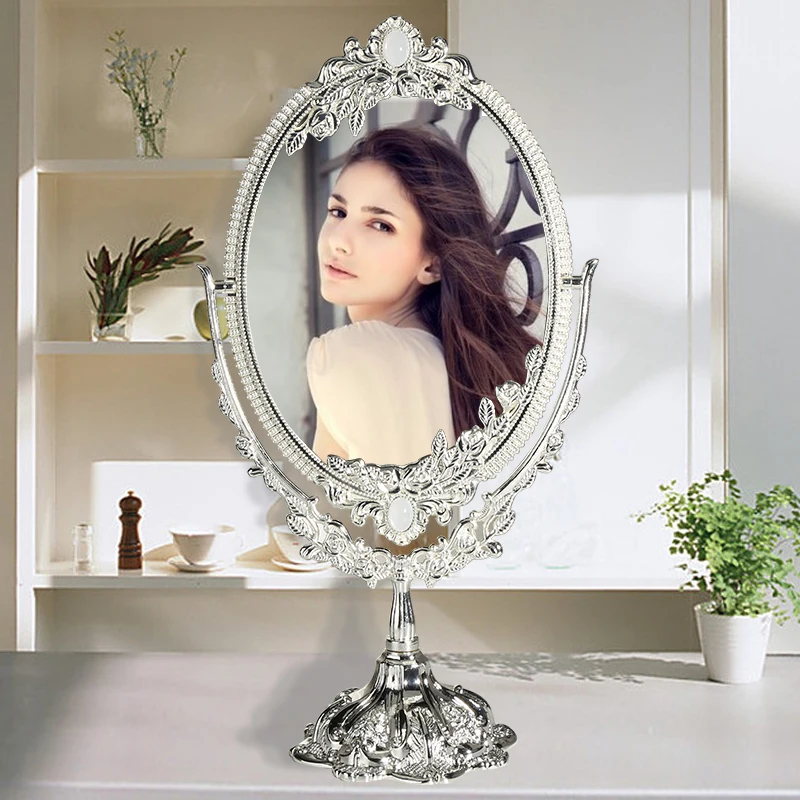 Ancient Bronze Retro Metal Desktop Cosmetic Makeup Mirror Table Dresser