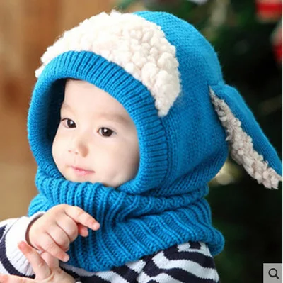 Kawaii, детские шапки, зимняя шапка для мальчиков и девочек, шапка с капюшоном, шарф, детские шапки, теплая вязаная шапка с рисунком собаки, шарф, комплект для мальчиков и девочек - Цвет: Blue