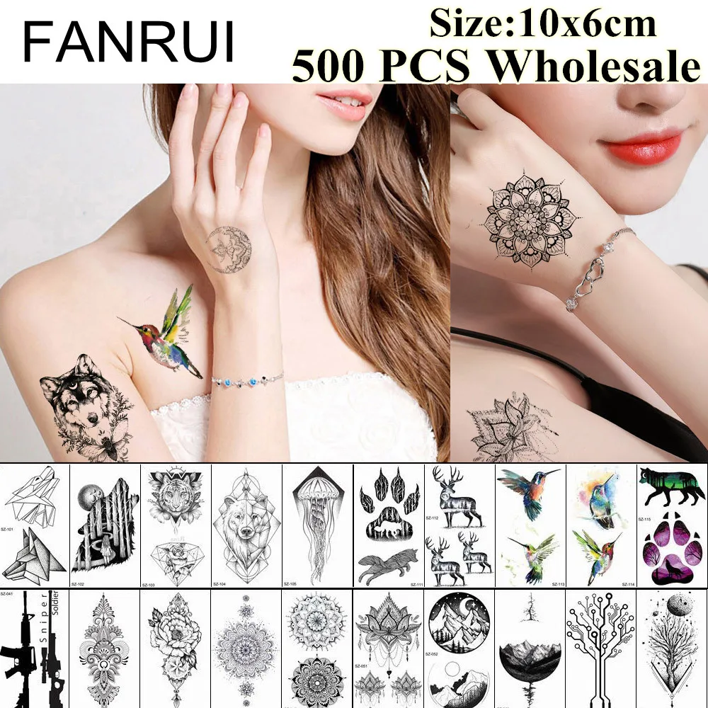 Поддельные геометрические татуажи FANRUI 500 шт. опт временная тату с птицами мандала