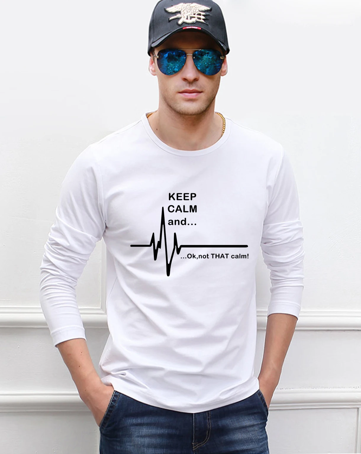 

2019 spring new 100% cotton men's long sleeve t-shirts funny men t shirt Keep Calm and...Not That Calm EKG Heart Rate top tees