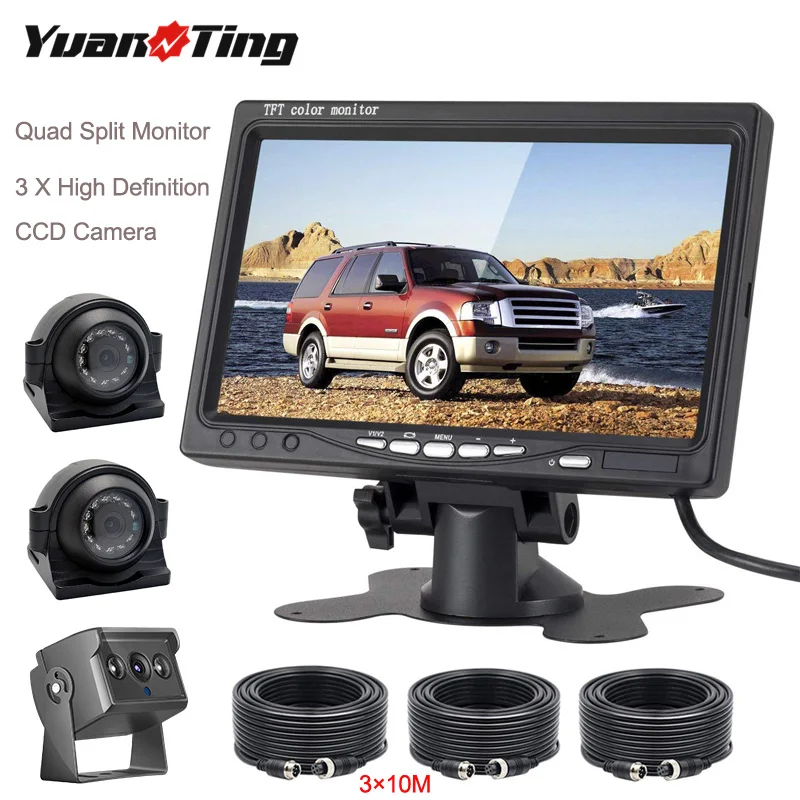 

YuanTing 7'' Quad Split 4CH Video Input Monitor & Rear View Waterproof IR LED Night Vision 4Pin Side Reverse Cameras For Truck