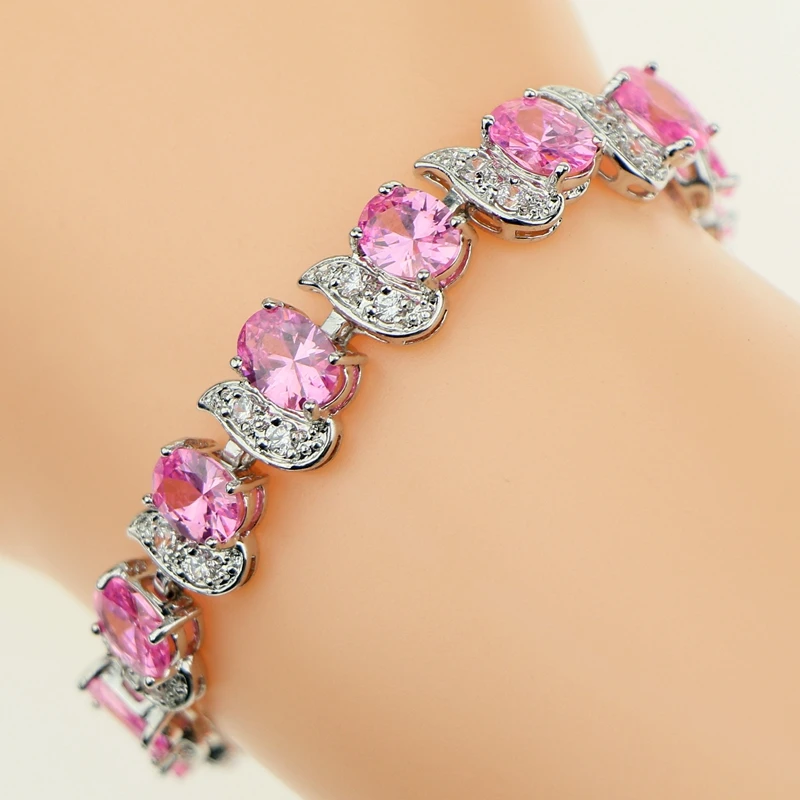 

Bridal Pink Created Powder Crystal White Zircon Link Chain 18 21cm Bracelets 925 Sterling Silver Jewelry For Women Free Gift Box