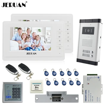 

JERUAN 7" Video Door Phone Intercom System kit 2 Monitor 1 HD IR COMS Camera RFID Access Control 2 Remote Control For 2 House