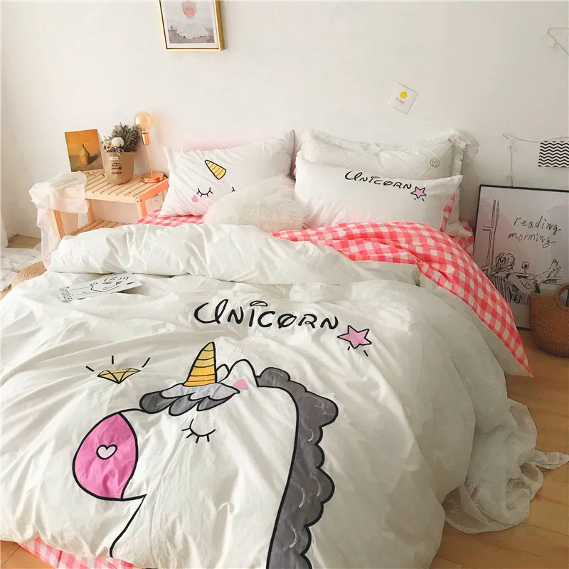 

Pink White Yellow Green Lovely Cartoon Unicorn 100% Washed Cotton Bedding Duvet Cover Bed sheet/Linen Pillowcases Gift For Child