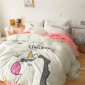 

Pink White Yellow Green Lovely Cartoon Unicorn 100% Washed Cotton Bedding Duvet Cover Bed sheet/Linen Pillowcases Gift For Child