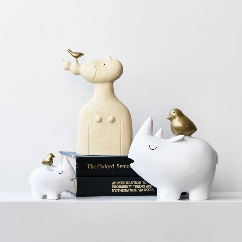 

Creative Nordic Healing Fantasy Bird And Girls Sculpture Rhinoceros Statues Home Crafts Animal Models Abstract Decorations 05554