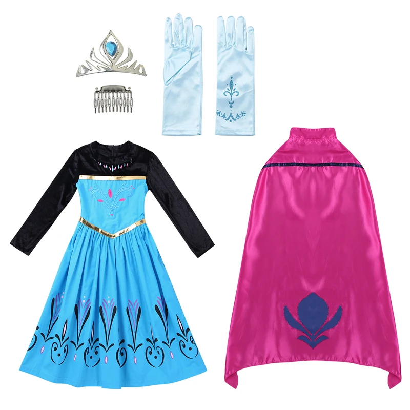 

Kids Girls Long Sleeves Fairy Tale Princess Halloween Costume Cosplay Party Fancy Dress with Cape Gloves and Tiara Crown Outfit