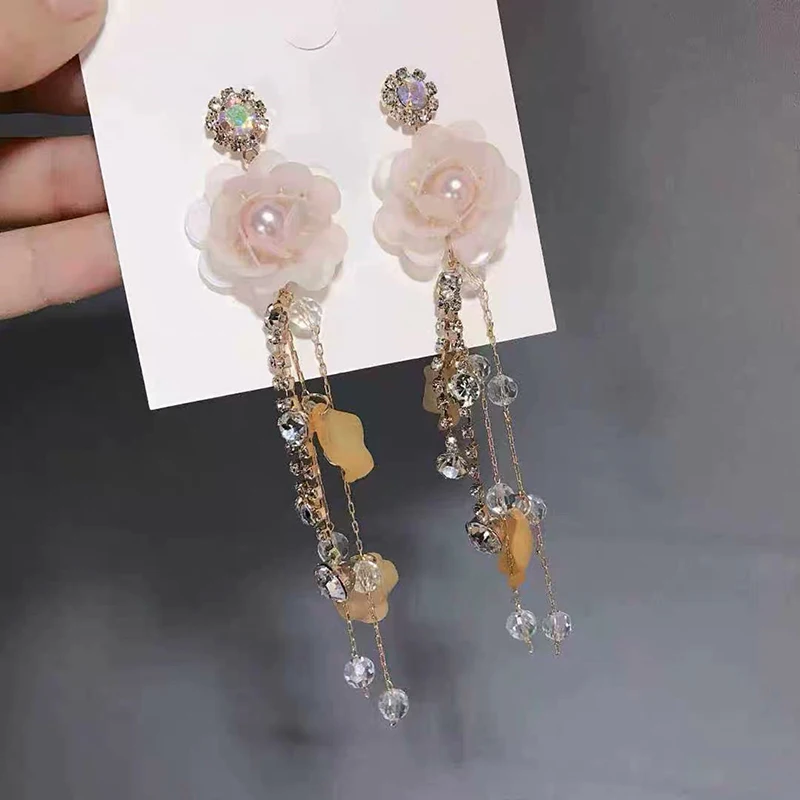 

AE-CANFLY Elegant Korean Fashion Sequins Flower Inlay Crystal Long Chain Tassel Dangle Drop Earrings Girl Women Jewelry