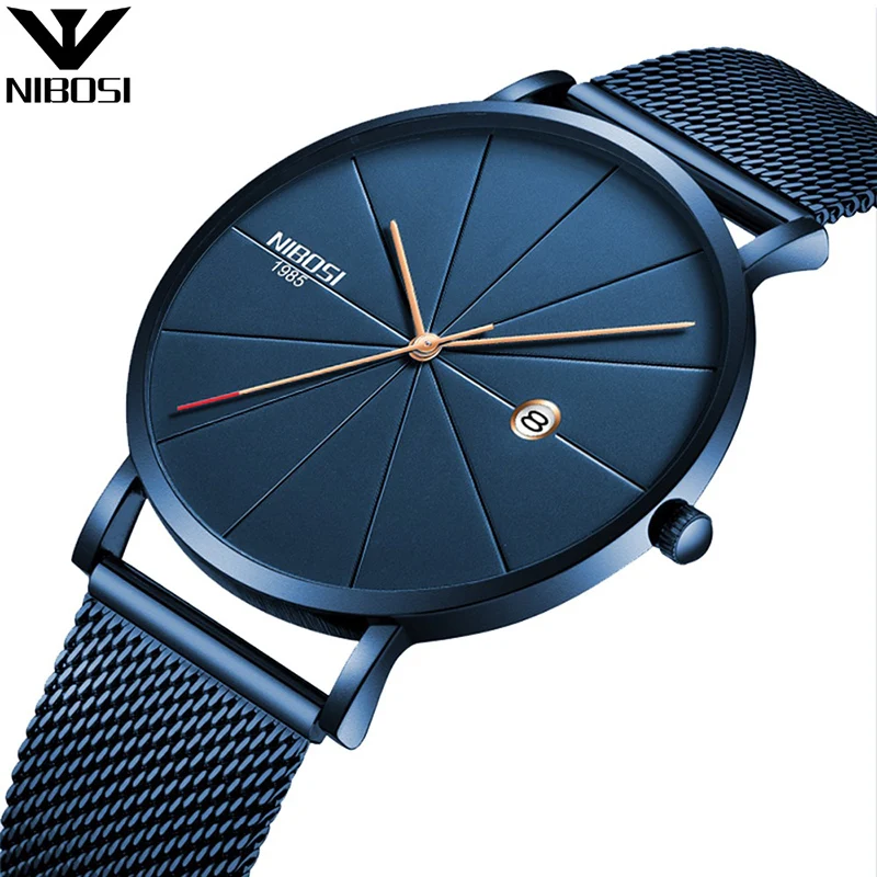 NIBOSI Для мужчин смотреть минималистский синий Нержавеющая сталь ультра тонкий Для мужчин наручные часы Водонепроницаемый Для мужчин часы
