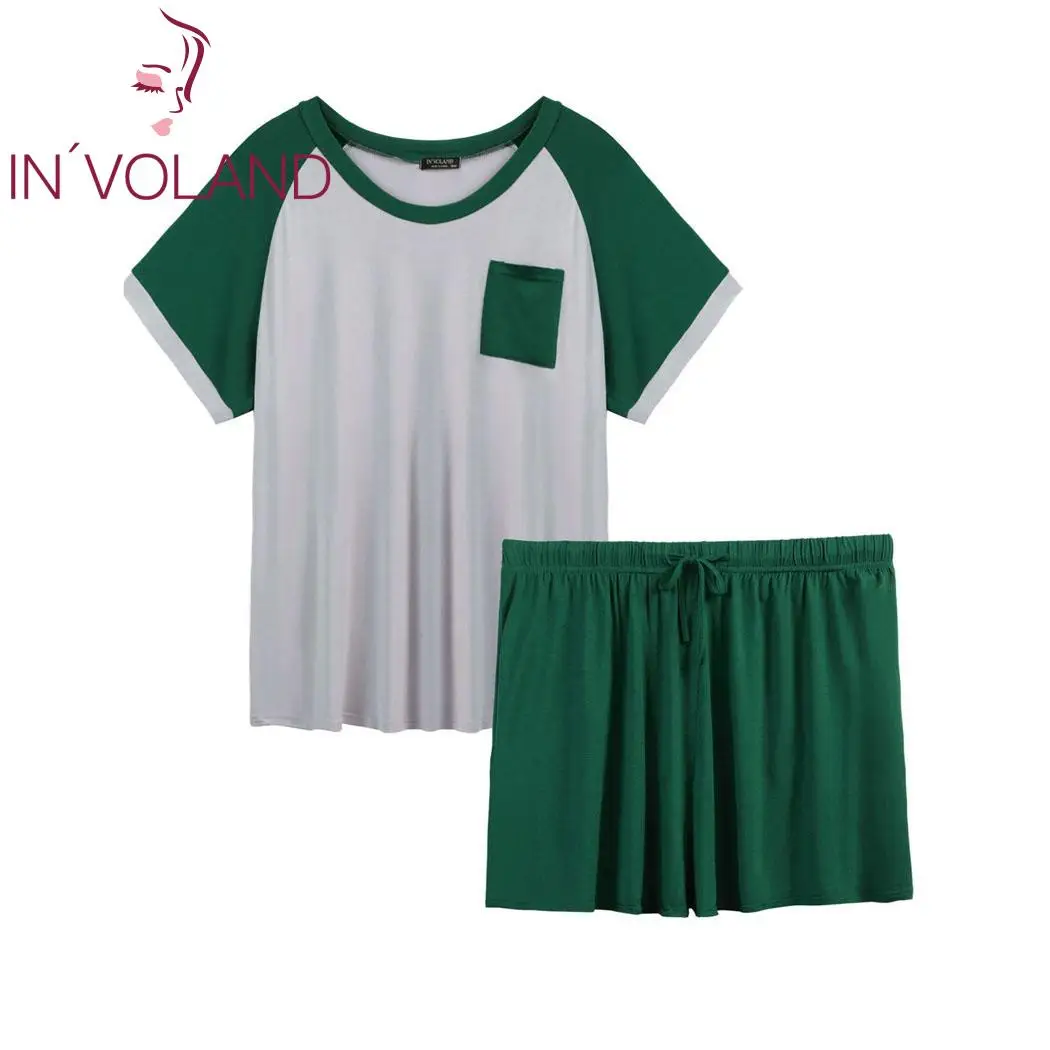 IN'VOLAND женский пижамный комплект размера плюс XL-5XL, летний Повседневный лоскутный большой пижамный комплект с коротким рукавом и карманом для отдыха - Цвет: green gray