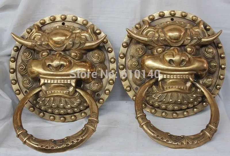 

China Dynasty palace Pure Brass Iion Foo Fu Dog Statue Door knocker Pair NR66