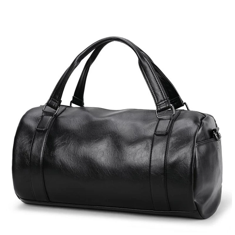 US $34.27 New Men Travel Duffle Bag Pu Leather Mens Travel Bags Black Shoulder Handbag Round Bucket Shape Messenger Bag Tote Jxy814