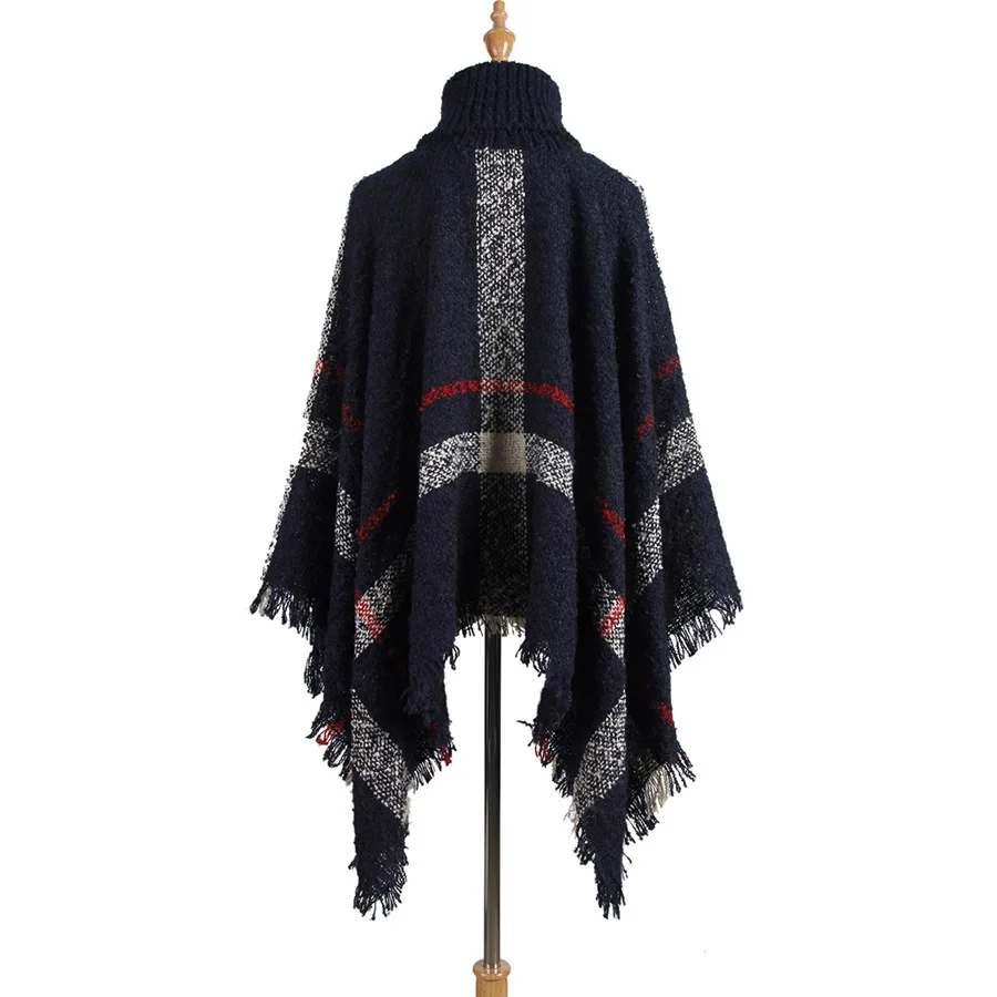 Winter Women Tassel Sweater Turtleneck Batwing Sleeves Loose Knit Capes Plaid Elegant Oversize Streetwear Knit Poncho