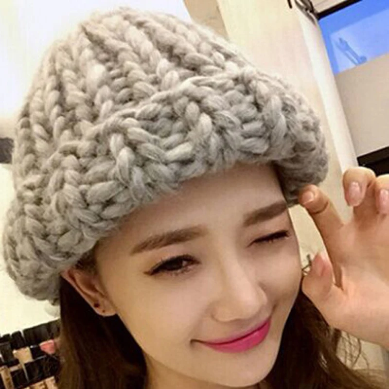 

Women Winter Warm Hat Handmade Knitted Coarse Lines Cable Hats Knit Cap Candy Color Beanie Crochet Caps Women Accessories