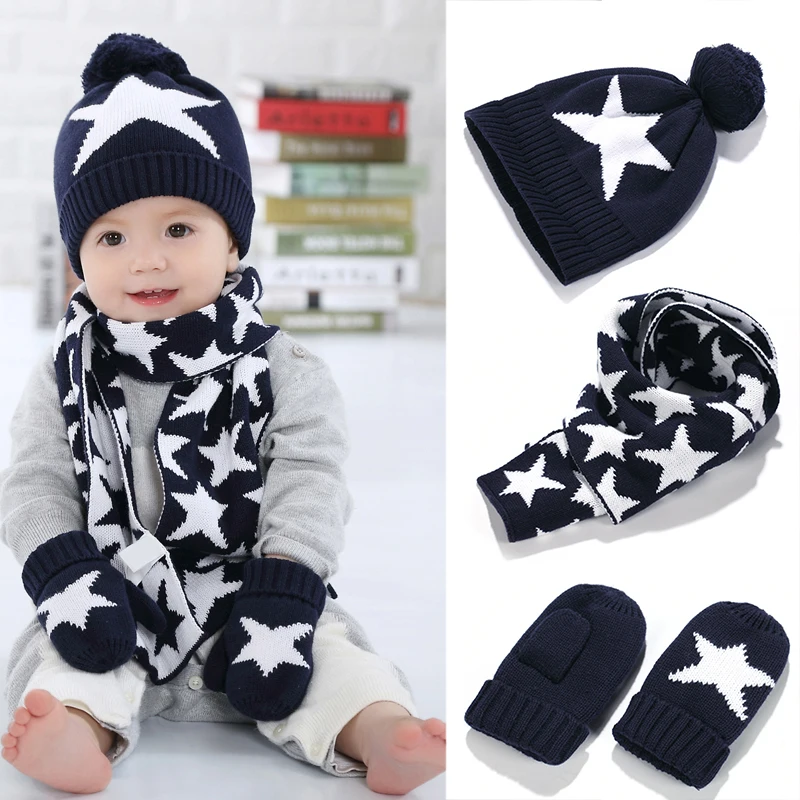 3Pcs Of Children All Matching Dark Blue Star Baby Hat Keep Warm Winter