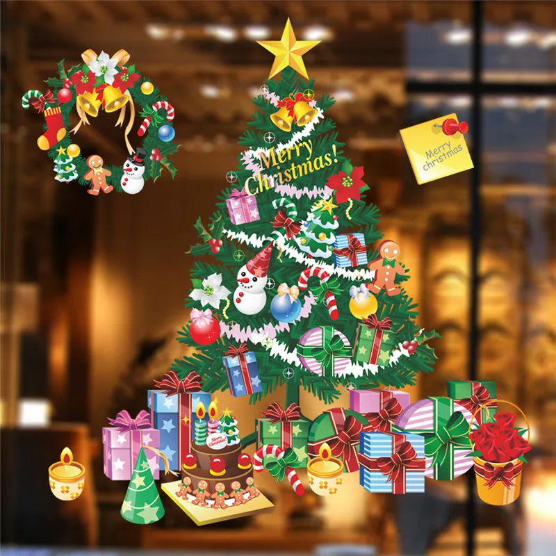 Рождественская елка, подарок, наклейки на стену для гостиной, спальни, магазина, Наклейки на стены, окна, Рождественский подарок на год, домашний декор, Фреска, плакат