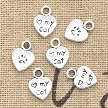 50 pçs encantos coração amor meu gato 12x9mm pingente feito à mão que faz o ajuste, vintage tibetano bronze prata cor, diy para pulseira colar