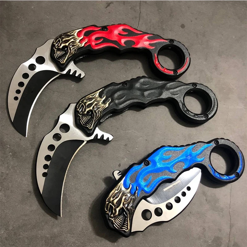 Pаспродажа Открытый карманные ножи тактический Karambit коготь Ножи выживания армейском инструменты раза Ножи s 3D Пламя Череп Ручка Охота
