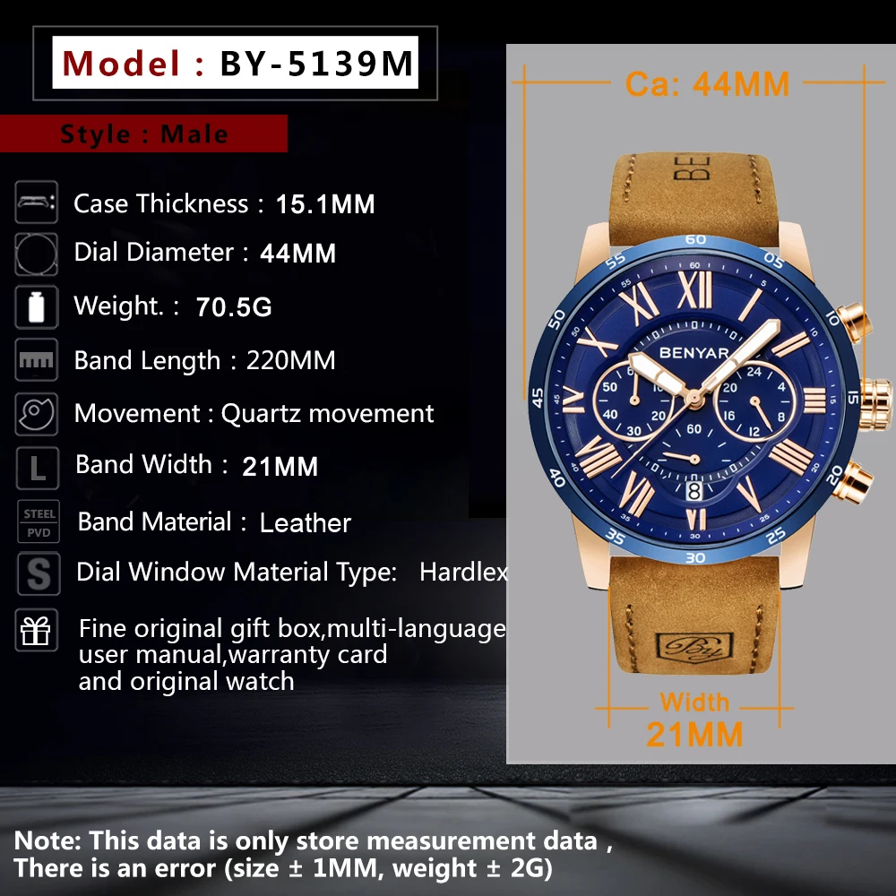 2019 Topo Da Marca De Luxo Benyar Moda Azul Relógios Homens Relógio Quartzo Masculino Cronógrafo Couro Relógio De Pulso Relogio Masculino Relógios De Quartzo Aliexpress