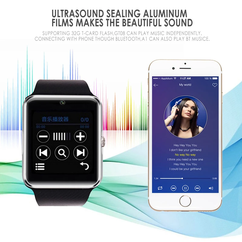 GT08 Смарт-часы с сенсорным экраном Поддержка sim-карты TF Bluetooth камера Воспроизведение музыки Сплав Мужские наручные умные часы для iPhone Android