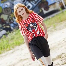 Летняя одежда, новая свободная футболка в полоску с короткими рукавами и изображением собаки, Han Fan chic