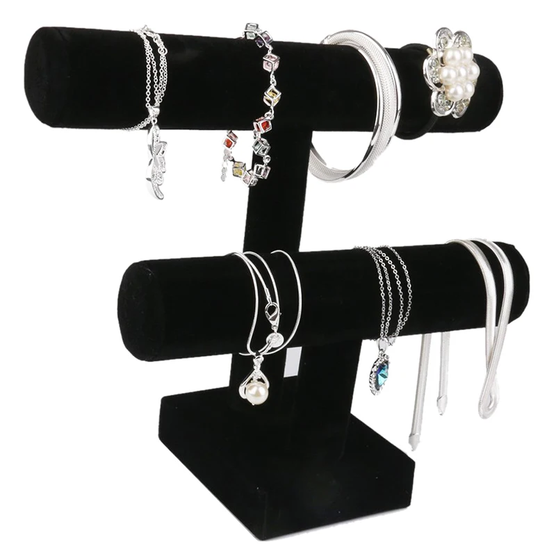  2-Tier Bangle Bracelet Display Holder T-Bar Stand Black