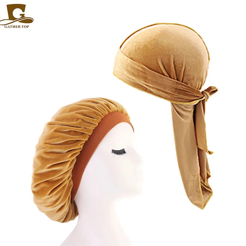 Meilleur Couple 2 pièces nouveau hommes velours Durag Bandana chapeaux couleur Pure large Doo Rag Bonnet casquette confortable velours dormir chapeau