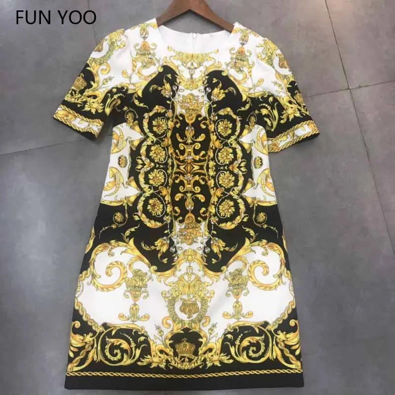 

2019 Summer Female Straight Print Beading Dress Knee-Length Short-Sleeve England Style O-Neck Elegant Dress