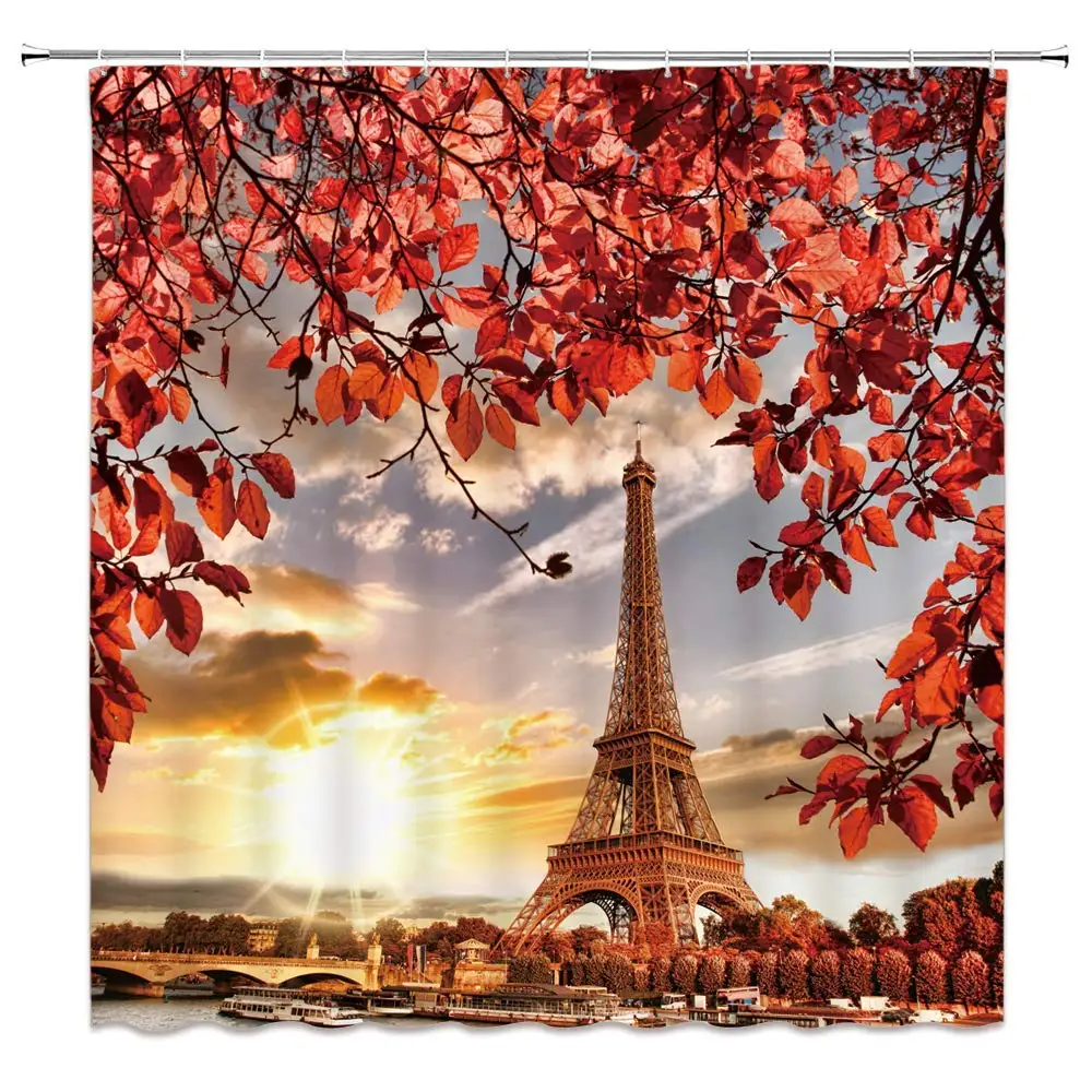 Autumn Paris Scenery Shower Curtain Waterproof Fabric 12 Hooks Bath Accessories