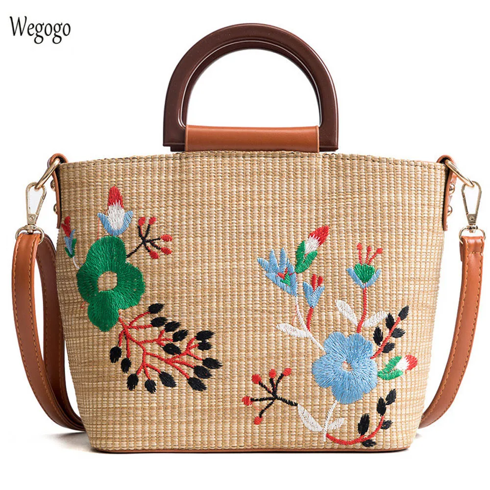 

Summer Women Totes Floral Embroidery Wave Potable Handbags Leather Shoulder Bags Female Straw Beach Travel Messenger Bag