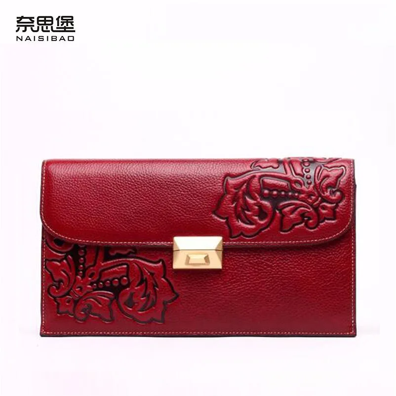 2016 New Women genuine leather wallet brands fashion chinese style embossing envelope women leather clutch bag