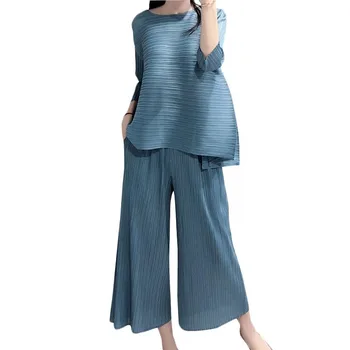 

New Summer Pleated Two Piece Set Elegant Women O Neck Loose Tops + Wide leg pants Two Piece Suit Women's Casual Sports Sets F630