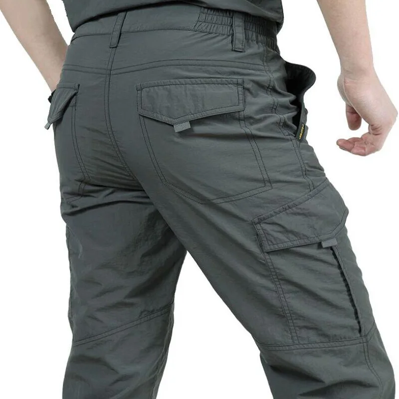 Брюки мужские летние быстросохнущие длинные брюки новые мужские Свободные карманные пиджаки карго комбинезоны мужские s водонепроницаемые тактические военные брюки - Цвет: Серый