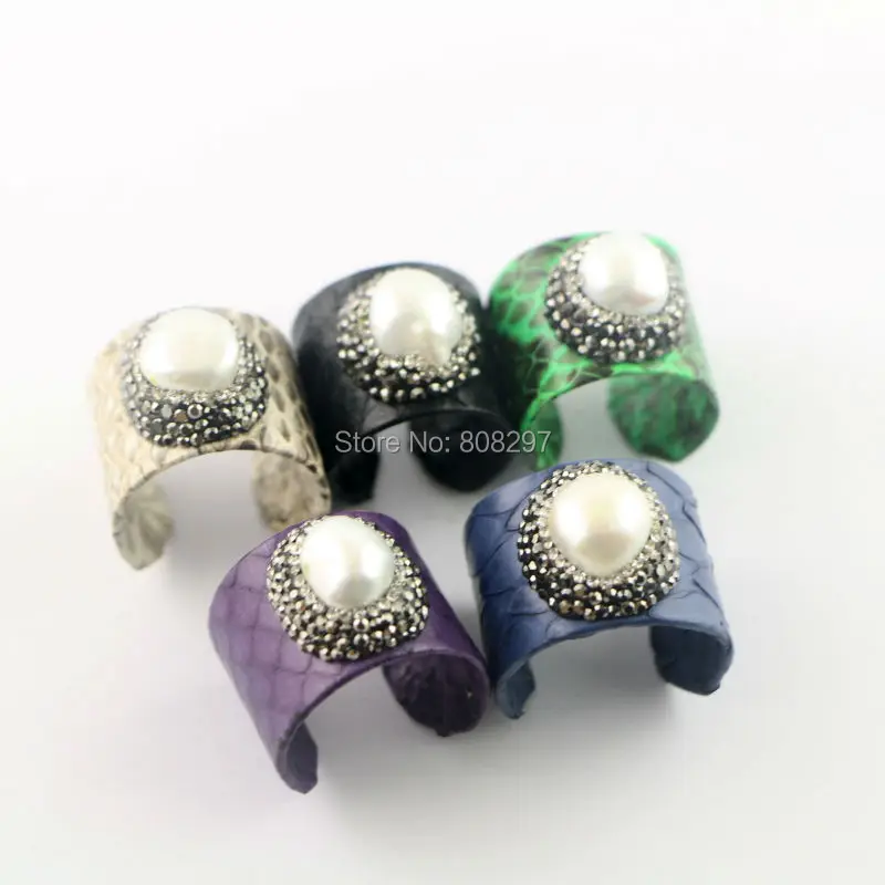 

Fashion 5Pcs Natural Freshwater Pearl Ring, Snakeskin Rings, Pave Crystal Rhinestone Jewelry Finger Gem Ring