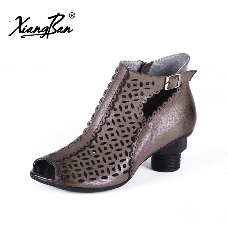 

2019 spring summer elegant women high heel pumps peep toe genuine leather summer ankle boots hollow breathable Roman sandals