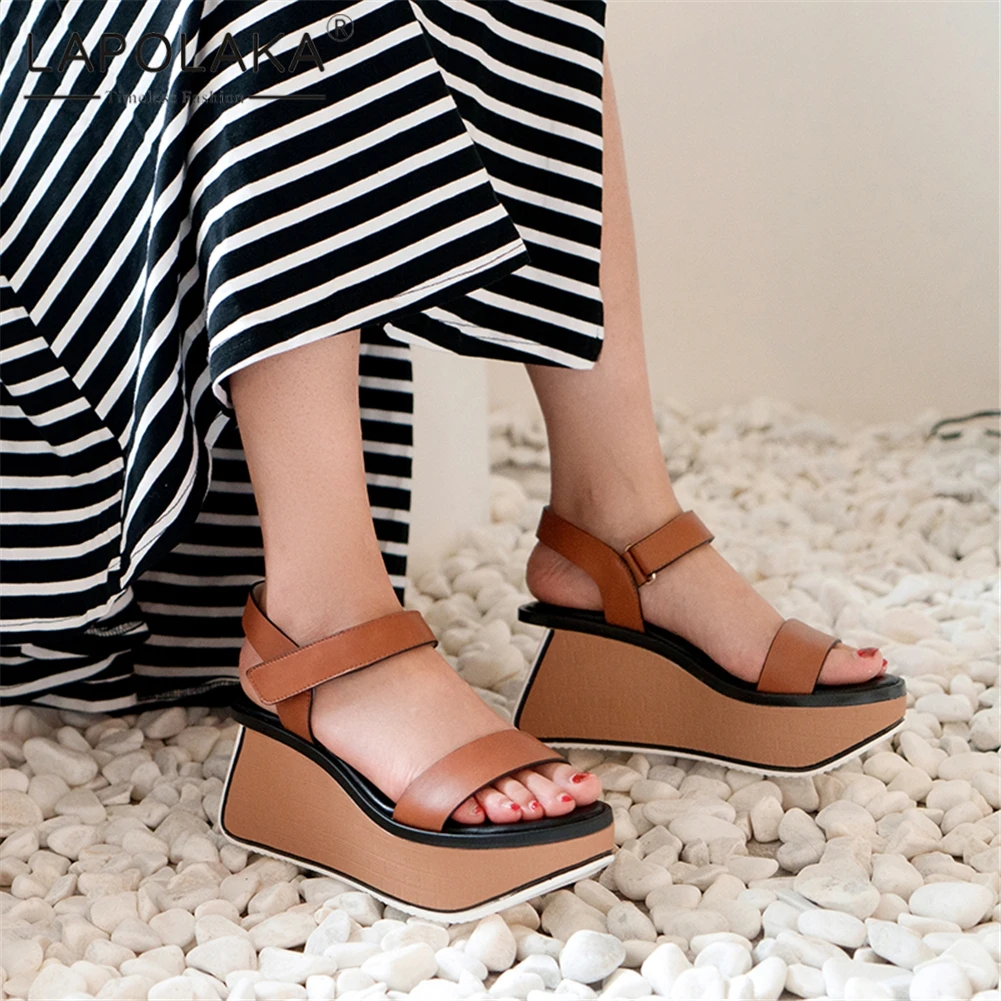 

Lapolaka New Fashion Genuine Cow Leather Hot Sandals Woman Shoes hook&loop Platform Wedge High Heels Summer Shoes Woman Sandals