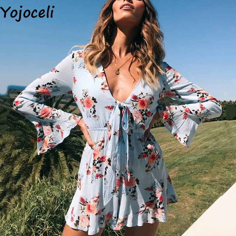 

Yojoceli Sexy floral print bow ruffle short playsuit women Autumn elegant jumpsuit romper Party casual daily overalls female