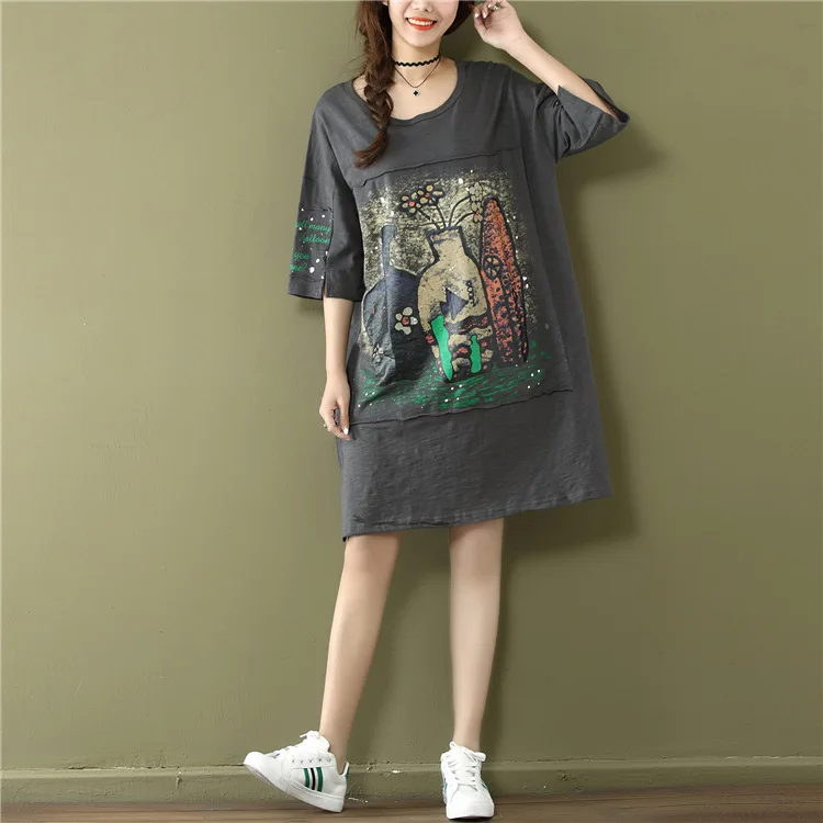 

2019 Summer Loose Women Dress Painting Letter Sticker Print O Neck Short Sleeve Women Dress Plus Size T Shirt Vestido