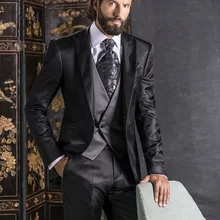 Последние конструкции пальто брюки Black Satin Жених Смокинги итальянский Стиль 3 предмета мужские свадебные Пром ужин костюмы мужской костюм