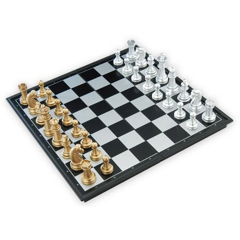

32 Pieces Gold & Silver Chess High Quality Chess Set Folding Magnetic Travel Puzzle Board Game With Chessboard Background Chess