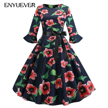 

Enyuever Vintage Dress Women 2019 Jurken Spring Swing Half Sleeve Vestido Casual Floral Print Robe Rockabilly Party Dress Belt