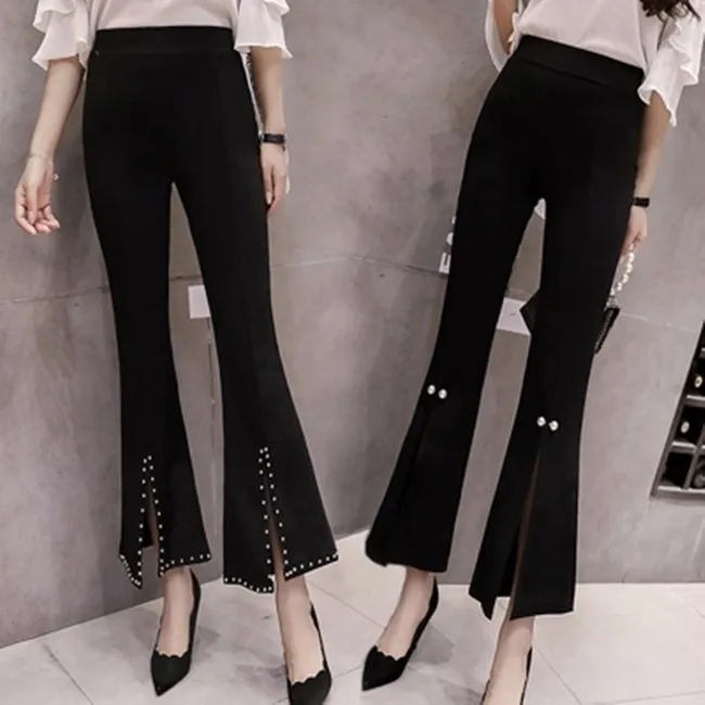 

rivet flare pants lace casual pants high waist bottoms stretch skinny pants women beading work pant spring summer soft trousers