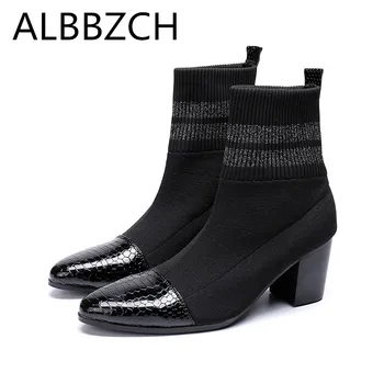 

Spring Mens Chelsea Boots High Heel Men Man Shoes Fashion Trned Ankle Boots Black Luxury Designer Genuine Leather Casual Shoes