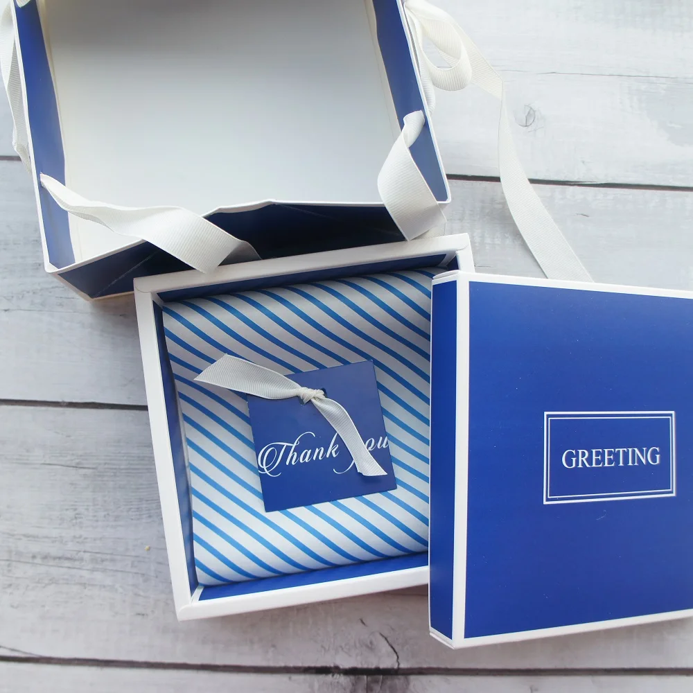

1 set greeting paper box (box+paper+bag+tag) deep blue gift paper box wedding party birthday chocolate cookie candy packaging