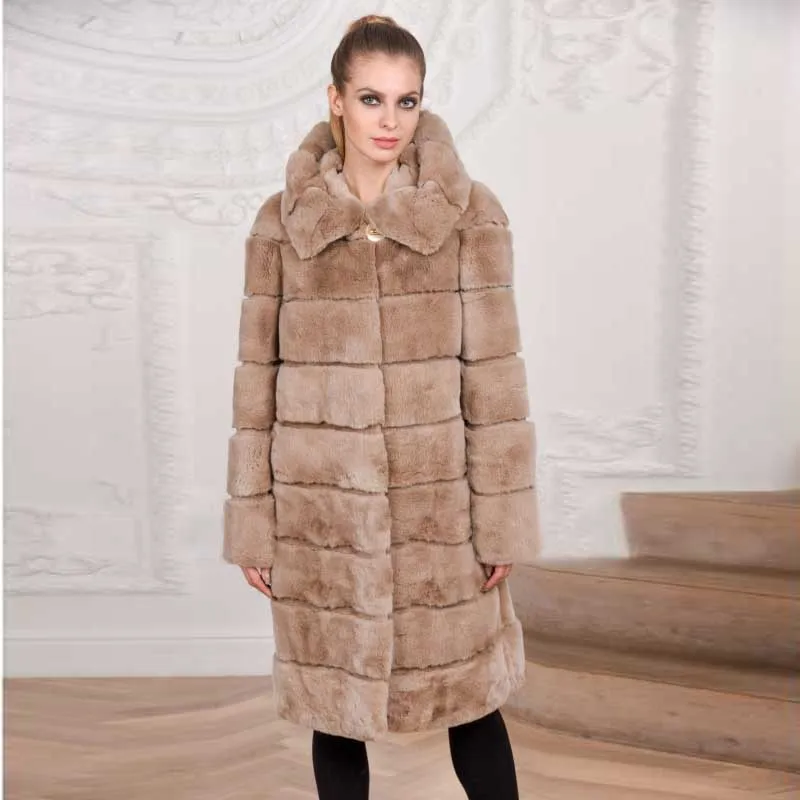 Тонкое длинное пальто с натуральным мехом, натуральный мех кролика Рекс, женская верхняя одежда, кроличий мех, куртки с капюшоном, женская зимняя одежда - Цвет: Khaki
