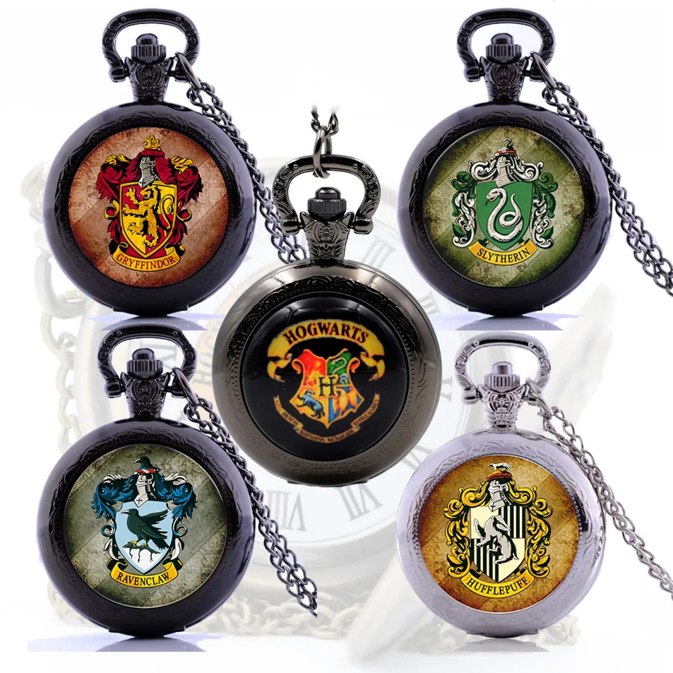 

Harri Potter Vintage Pocket Watch Necklace Juguetes Gryffindor Hufflepuff Ravenclaw Hogwarts Crest Magic Watch Toys for Children